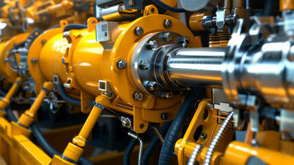 Image of hydraulic system of construction machinery. yellow and metallic colors hydraulic arms or hydraulic system.
