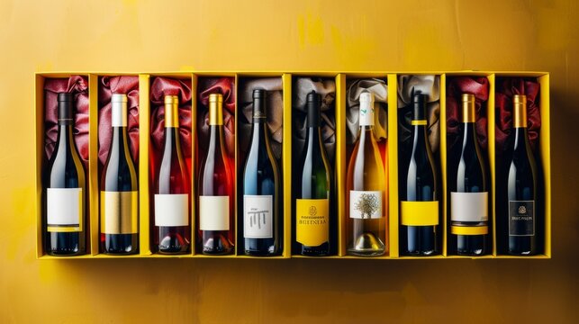 Elegant wine bottle collection in a stylish yellow box. Perfect for gifts, celebrations, or personal enjoyment. 