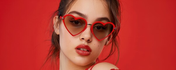 Obraz premium Stylish young woman posing with heart-shaped sunglasses. Free copy space for banner.