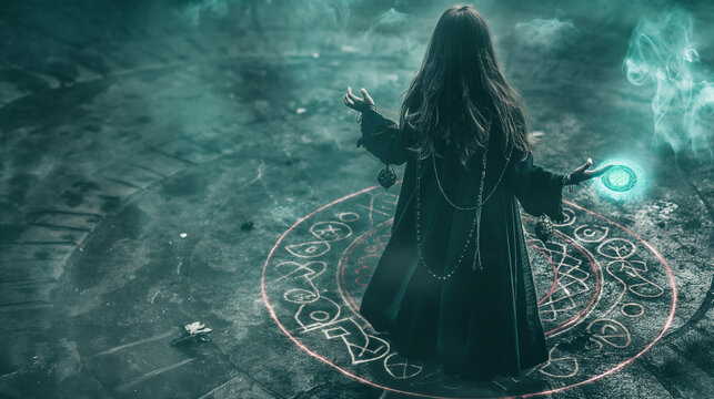 Sorceress creating a protective circle with ancient runes, casting a spell for harmony, right third copy space