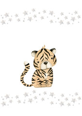 Safari watercolor hand-drawn illustration with baby tiger and stars for kids. Template for greeting cards or invintations