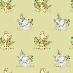 Safari watercolor hand-drawn seamless pattern with baby elephant, giraffe and tropical leaves for kids
