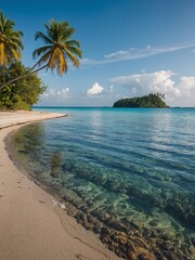 Panoramic view of a tropical island with palm trees and beach