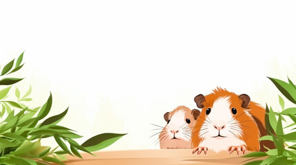Adorable Guinea Pigs Peeking Over Wooden Ledge with Green Foliage Background