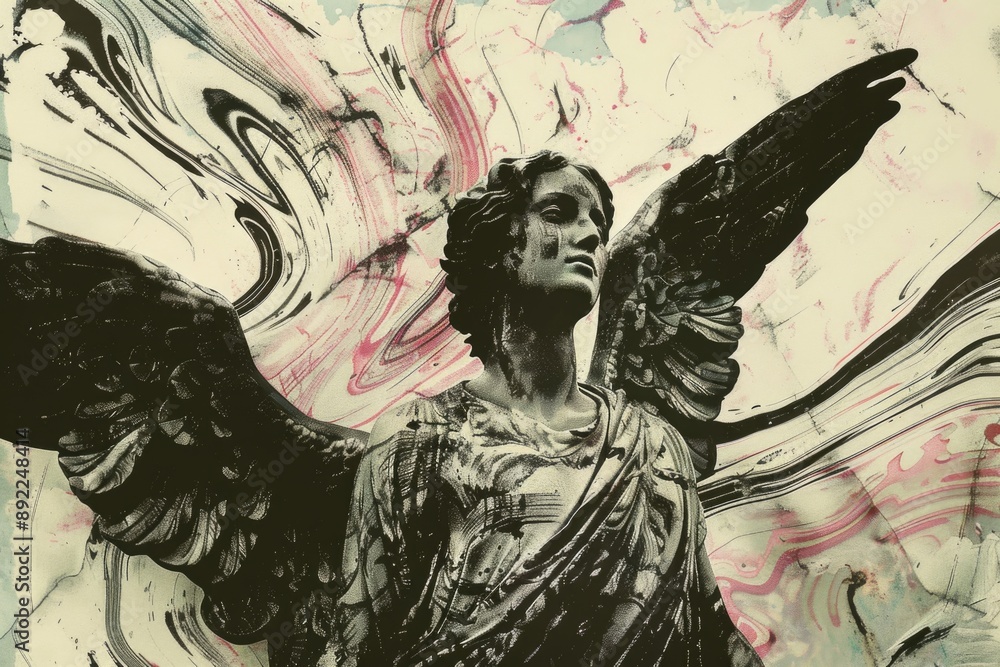 Poster A classic black and white photograph of a statue of an angel, perfect for use in various contexts
