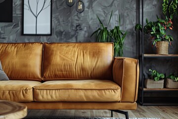 A Tan Leather Sofa Sits Elegantly in a Modern Living Room