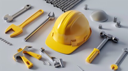 Yellow construction helmet surrounded by various tools on a light background. Ideal for industrial, safety, and construction themes. 