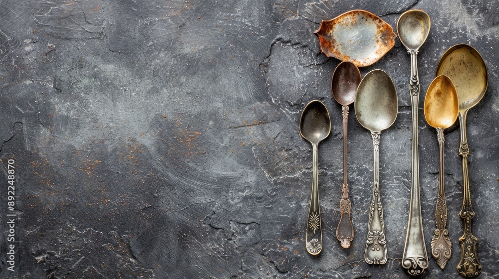 Poster vintage spoons displayed on stone surface viewed from above with space for text