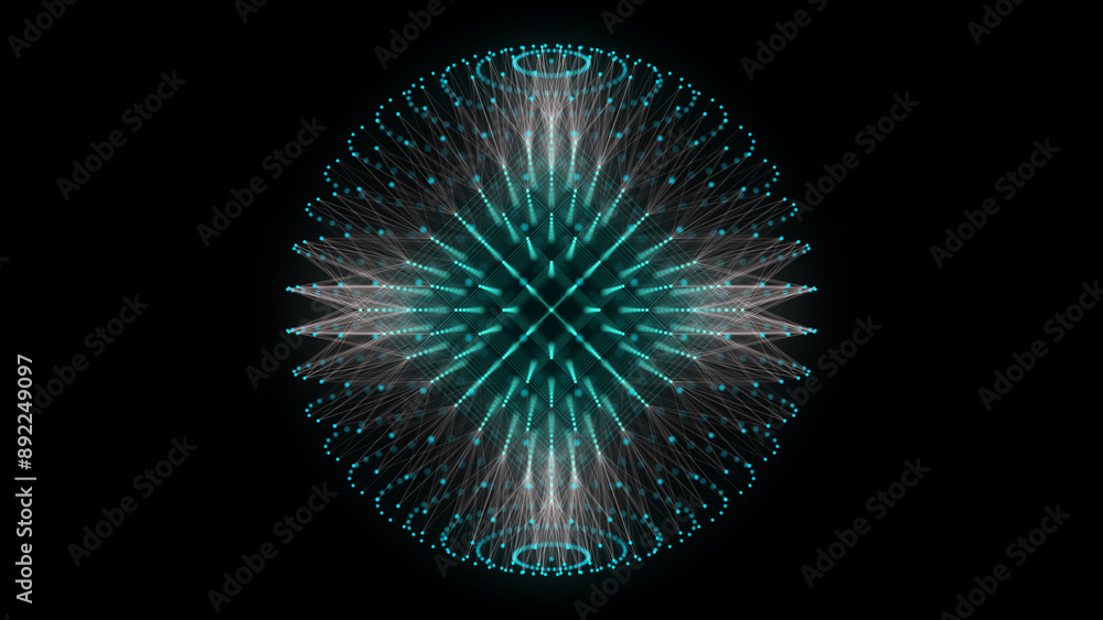 Poster Abstract blue sphere with connecting dots and lines. Wireframe technology sphere with explosion effect. Big data visualization. 3d rendering.