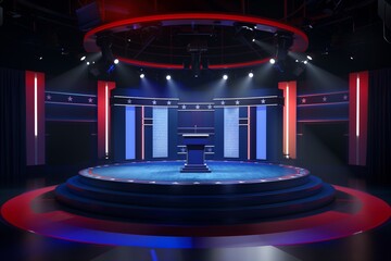 Empty debate stage with US flag set up for the presidential candidates