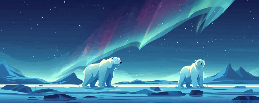 Icy tundra landscape with polar bears and aurora borealis. Vector flat minimalistic isolated illustration.