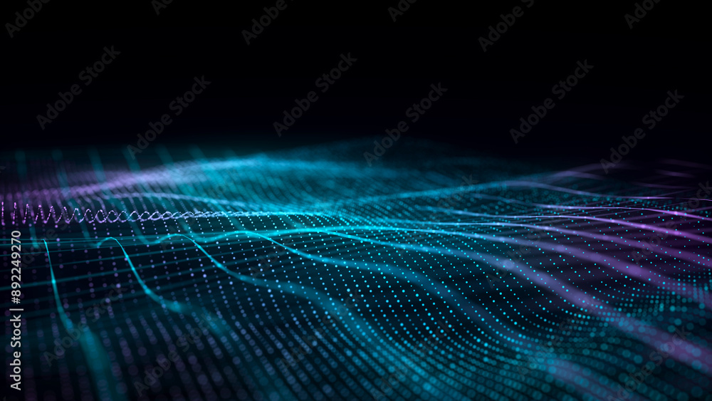 Fototapete Wave of particles and lines. Big data visualization. Abstract color background with a dynamic wave. 3d rendering.