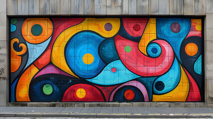 Large, colorful graffiti mural on an urban building wall, filled with dynamic patterns and bold characters
