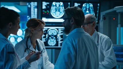 Obraz premium Brain Scan Analysis: Medical Professionals Discussing MRI Results in Hospital Setting