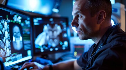 Fototapeta premium Skilled Technician Conducting Diagnostic Ultrasound with Detailed Image on Screen in a Hospital Setting