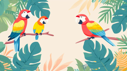 Colorful Parrots Perched on Branches with Tropical Leaves Background Illustration