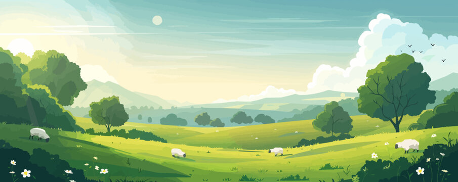 A serene countryside landscape with lush green meadows and grazing sheep. Vector flat minimalistic isolated illustration