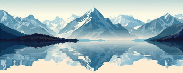 A serene mountain lake reflecting the snow-capped peaks of the surrounding mountains. Vector flat