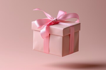 Obraz premium A pink box with a pink ribbon is floating in the air