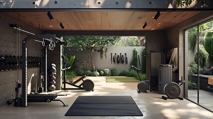 Minimalist garage gym with space-saving exercise equipment, functional training areas, and motivational decor