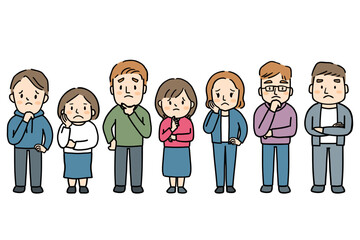 カジュアルな服装の男女7人が悩む全身イラスト