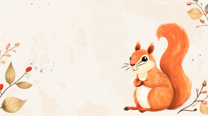 Fototapeta premium Cute Cartoon Squirrel with Bushy Tail on Autumn-Themed Background with Leaves and Berries