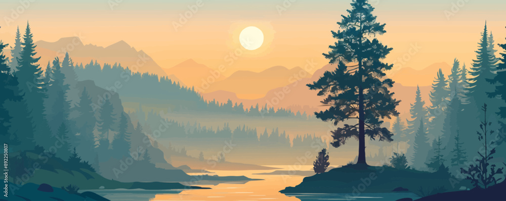 Poster pine tree in a tranquil forest setting. vector flat minimalistic isolated illustration.