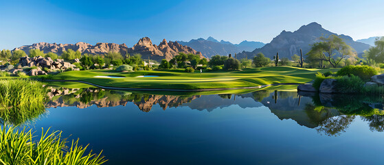 Obraz premium a beautiful golf course with lush green fairways and putting greens, surrounded by natural water bodies