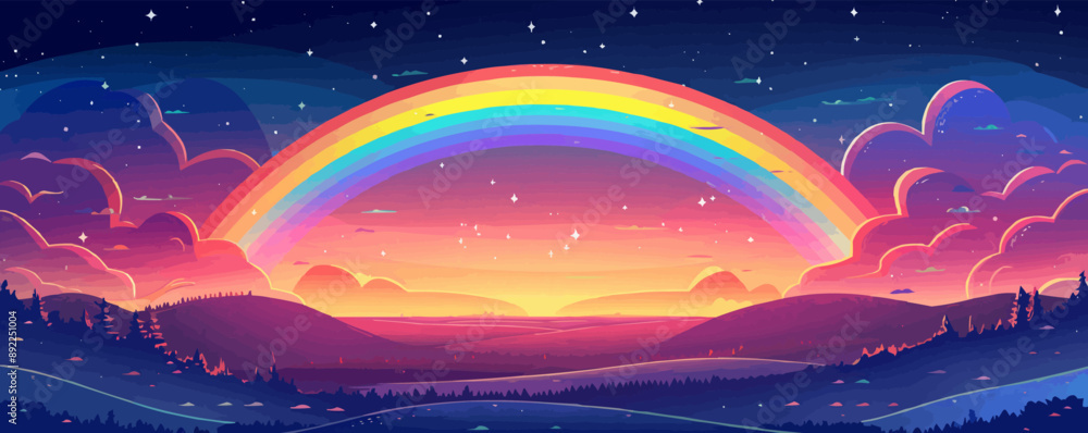 Poster prismatic rainbow bridge spanning across a vast expanse of sky. vector flat minimalistic isolated il