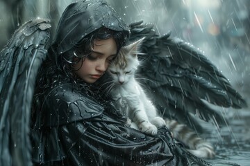 A girl is holding a cat in a black hooded jacket