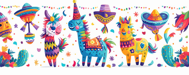 Obraz premium A colorful Cinco de Mayo celebration with piÃ±atas, maracas, and sombreros on a white background. Vector flat minimalistic isolated illustration