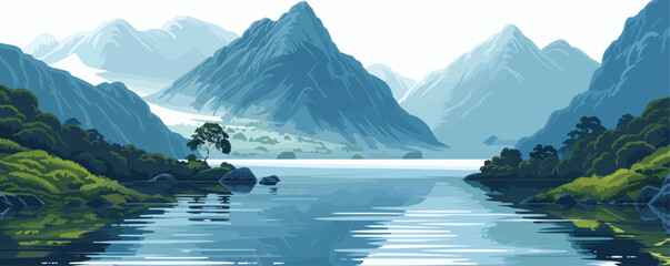 A tranquil waterfall, its cascading waters creating a sense of serenity, representing the beauty of nature, placed on a stark white backdrop. Vector flat minimalistic isolated illustration