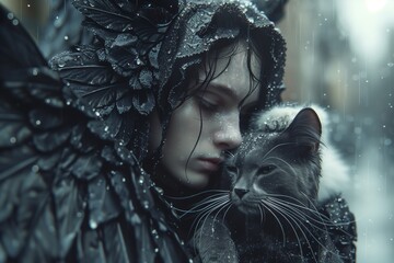 A woman is holding a cat in her arms while wearing a black outfit