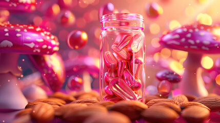 Vitamin B2 for Radiant Skin in Plastic Container with Hologram and Surrounding Almonds and Mushrooms for Smooth Complexion Ads