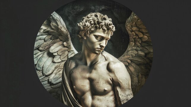 A sculpture of a humanoid figure with wing-like protrusions, situated within a circular formation - Powered by Adobe