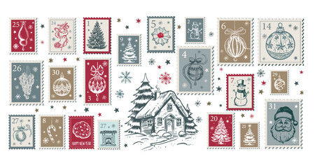 Advent calendar, Christmas Stamps, mail, postcard hand drawn illustrations.
