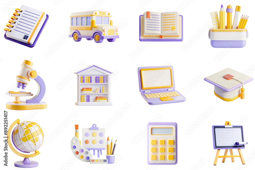 Poster education concept of 3d icons set in modern web design. pack isolated objects of notebook, school bu