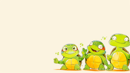 Obraz premium Three Cute Cartoon Turtles on a Light Background - Fun and Playful Illustration for Kids