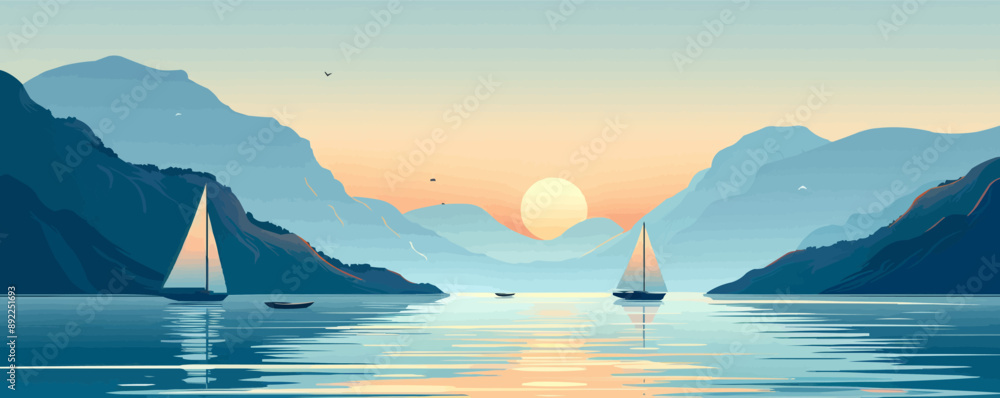 Poster a tranquil coastal inlet with sailboats gliding across the calm waters. vector flat minimalistic iso