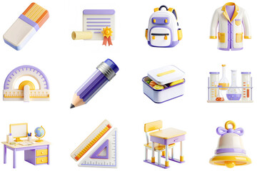 Education concept of 3D icons set in modern web design. Pack isolated objects of eraser, graduation diploma, school backpack, lab coat, ruler, pen, lunch box, test tube, bell and other illustrations.