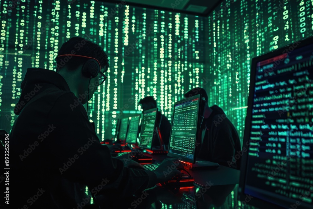 Poster a person sitting at a desk with two computer monitors and likely typing away