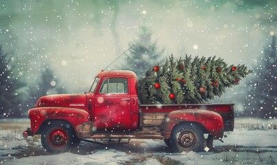 Vintage red truck carrying a Christmas tree in snow. Free copy space for banner.