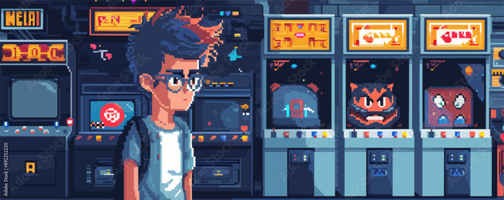 Poster retro arcade game character with pixelated design vector flat minimalistic isolated illustration
