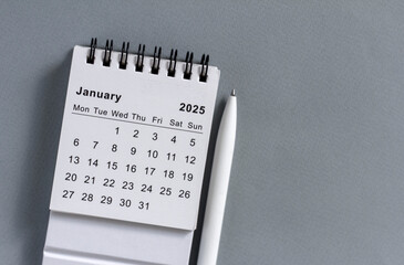 Hello 2025. January 2025 planning calendar on gray background.