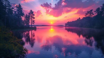 Obraz premium A beautiful sunset over a calm lake