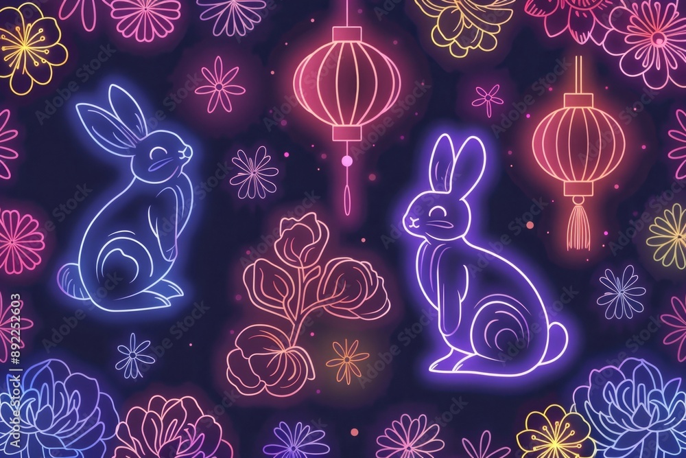 Aufkleber a group of rabbits sit on a colorful field of flowers
