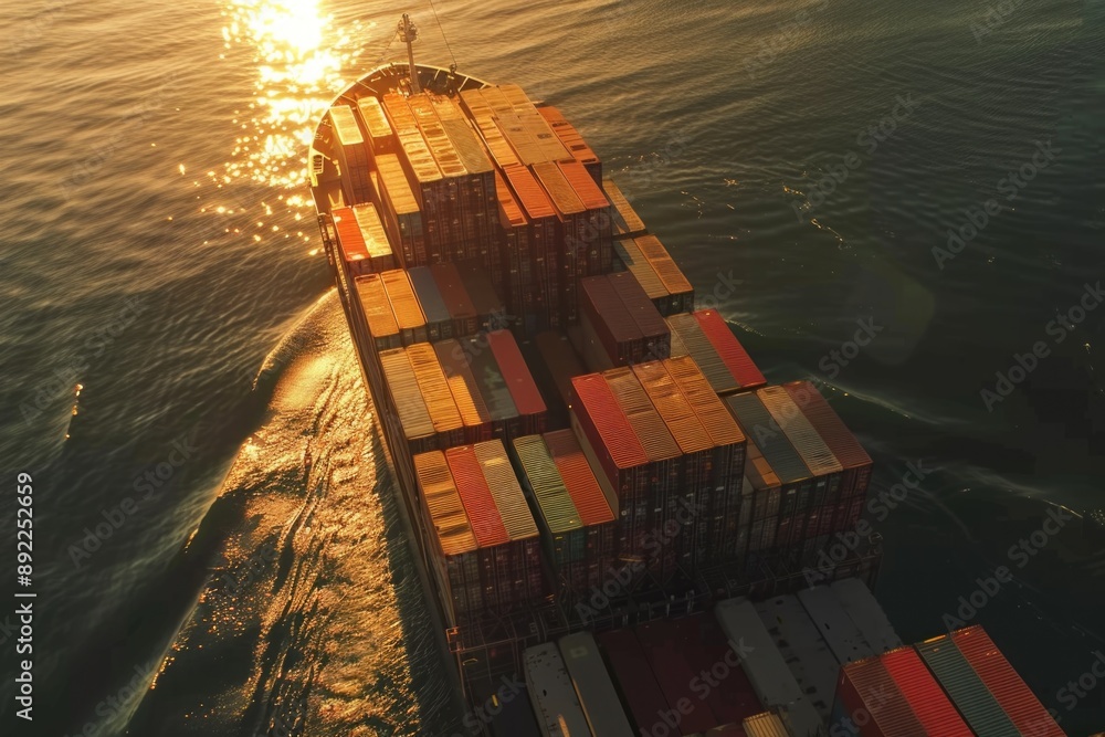 Poster A massive container ship navigates through the open ocean