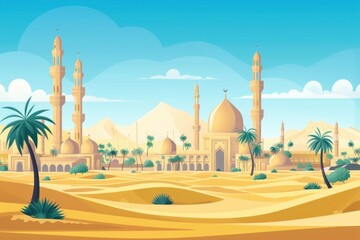 Naklejka premium A serene desert scene featuring a historic mosque surrounded by palm trees
