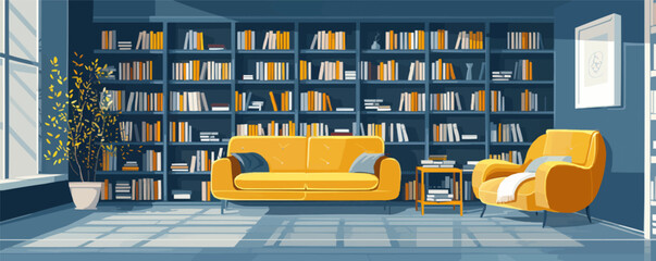 Modern bookstore interior with shelves of books Vector flat minimalistic isolated illustration