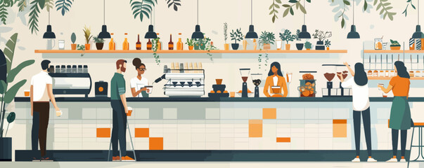 A bustling coffee shop with baristas serving up delicious drinks to eager customers. Vector flat minimalistic isolated illustration.